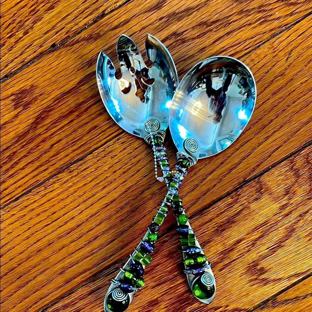 Handcrafted Beaded Salad Server Set - Green and Purple